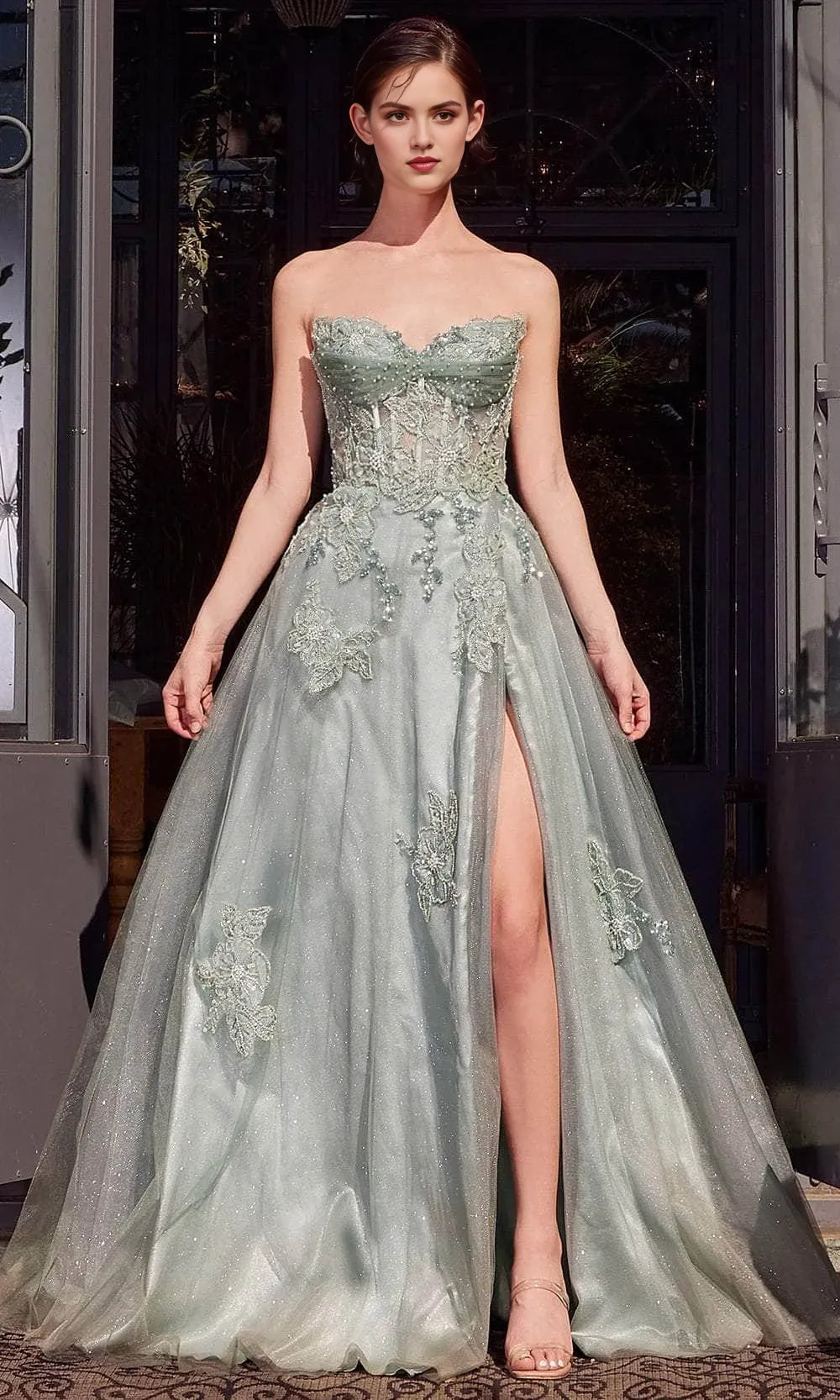 Elegant Black Strapless Glitter Tulle Prom Dress with Lace Appliqués and High Side Slit for Formal Evening Occasions