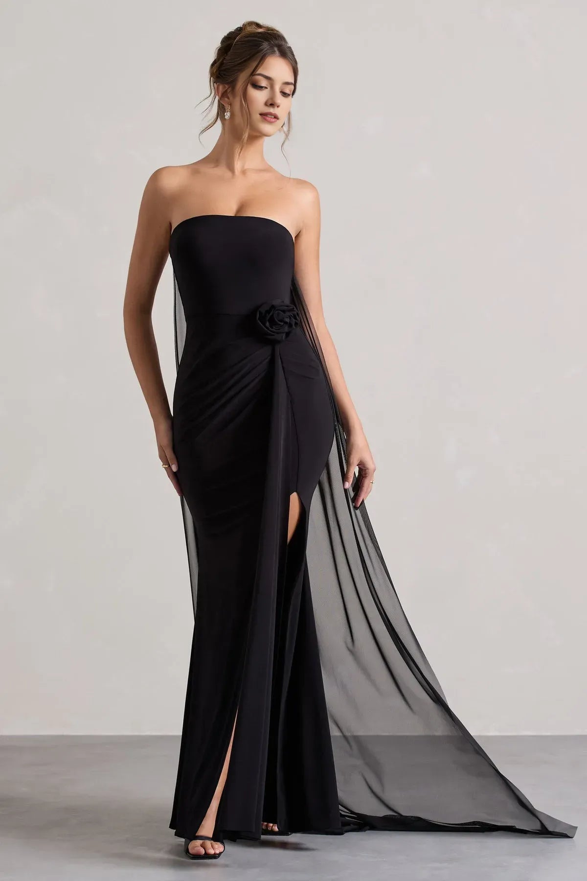 Elegant Black Strapless Prom Dresses with Sheer Chiffon Drape Floral Accen and Side Slit for Formal Soirées