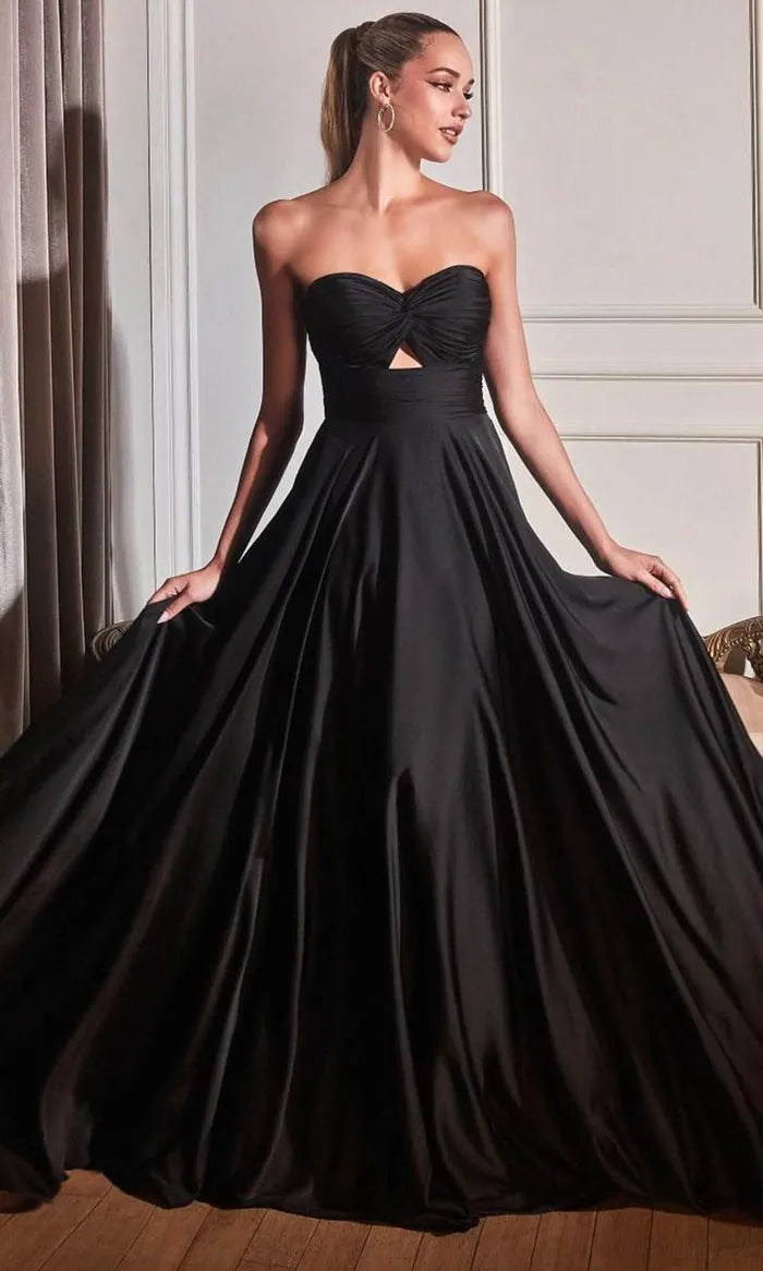 Elegant Black Strapless Prom Gown with Cut Out Detail and Flowy Skirt Crafted from Luxurious Satin - Like Jersey Fabric for Formal Occasions