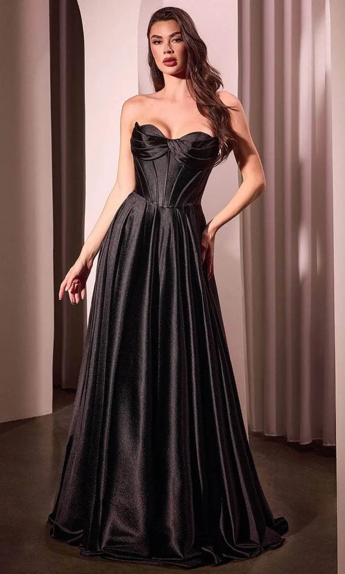 Elegant Black Strapless Satin Ball Gown with Bow  Detailed Corset Top for Prom Formal Occasions