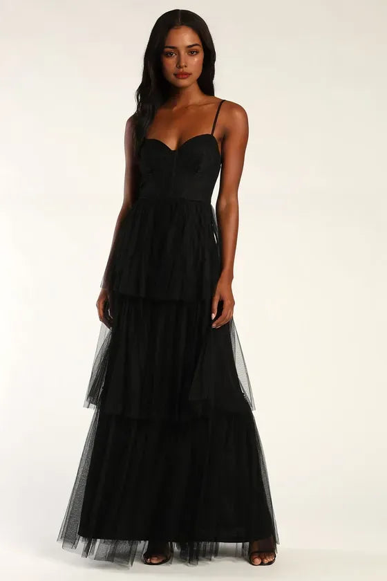Elegant Black Tulle Evening Dresses with Spaghetti Straps Sweetheart Neckline Tiered Maxi Skirt Command Attention