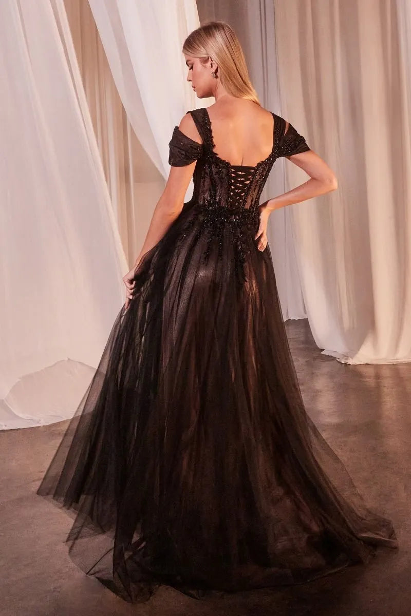 Elegant Black Tulle Prom Dress with Off - Shoulder Sleeves Beaded Illusion Bodice and Flowy Skirt for Formal Occasions