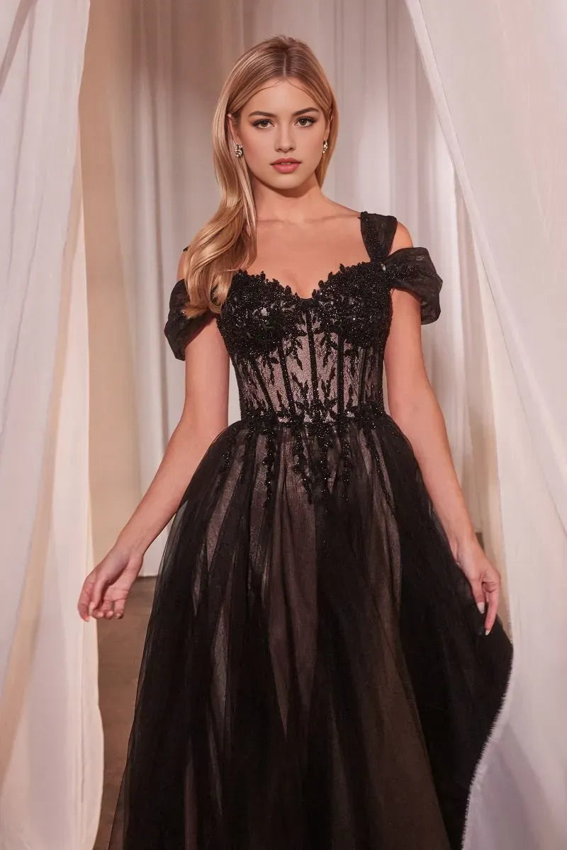 Elegant Black Tulle Prom Dress with Off - Shoulder Sleeves Beaded Illusion Bodice and Flowy Skirt for Formal Occasions