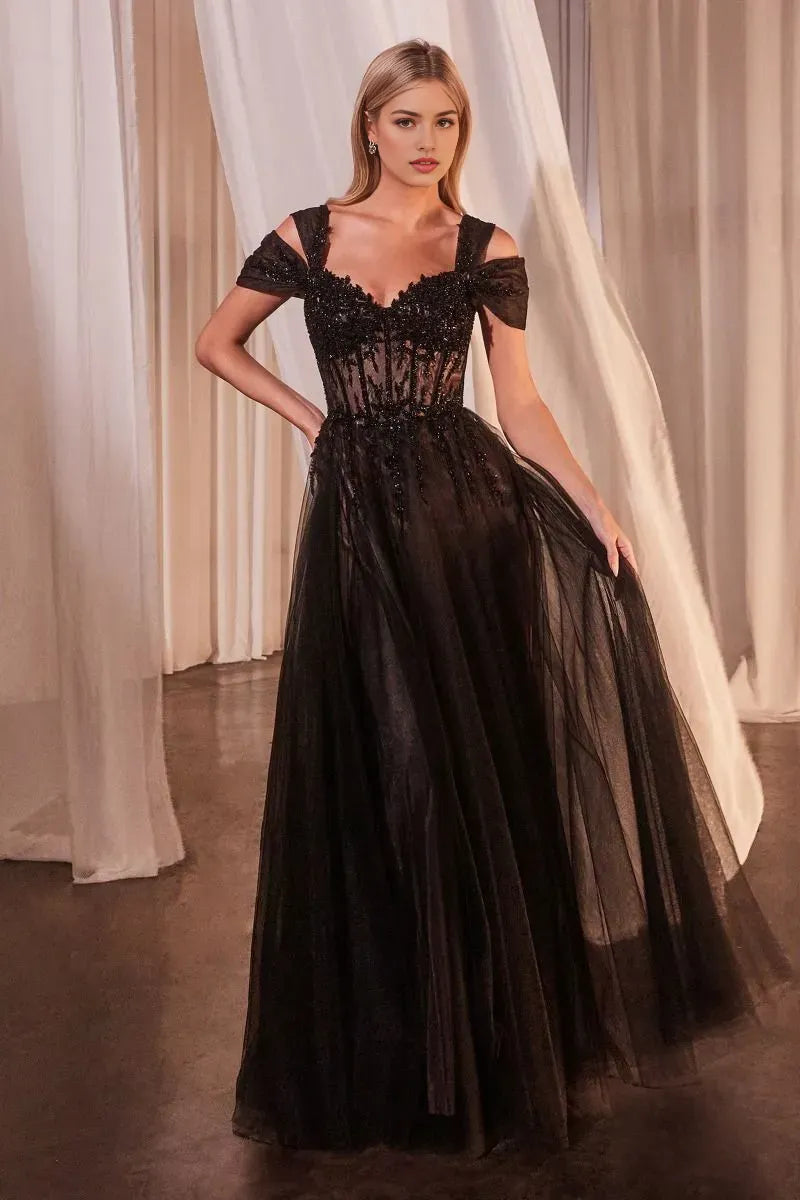 Elegant Black Tulle Prom Dress with Off - Shoulder Sleeves Beaded Illusion Bodice and Flowy Skirt for Formal Occasions