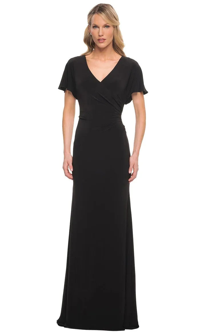 Elegant Black V - Neck Evening Gown with Flutter Sleeves and Draped Waist Detailing for Formal Occasions ?