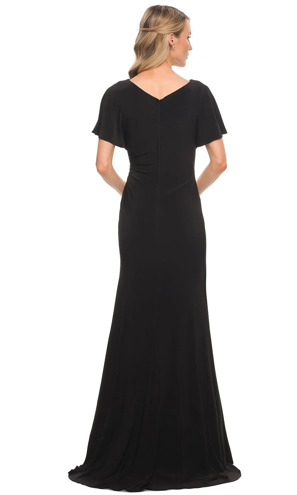 Elegant Black V - Neck Evening Gown with Flutter Sleeves and Draped Waist Detailing for Formal Occasions ?