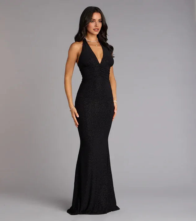 Elegant Black V Neck Glitter Halter Neck Sleeveless Cutout Back Mermaid Maxi Prom Dress