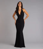 Elegant Black V Neck Glitter Halter Neck Sleeveless Cutout Back Mermaid Maxi Prom Dress