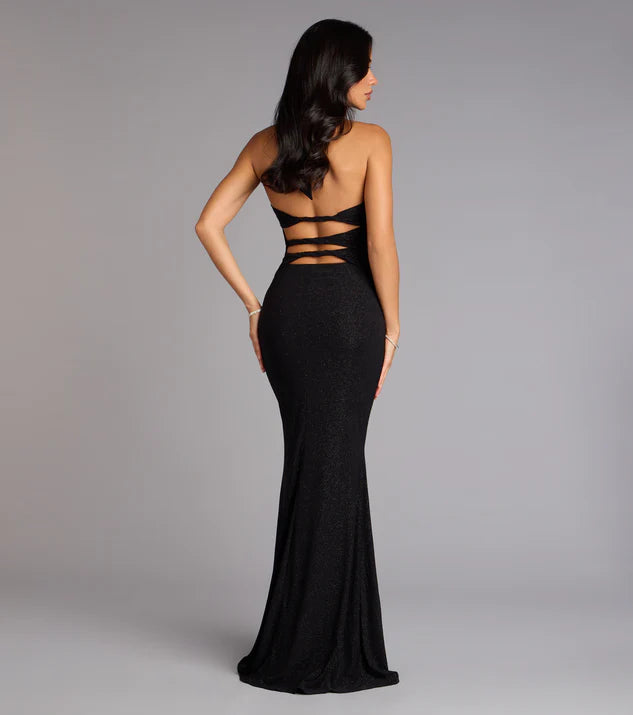 Elegant Black V Neck Glitter Halter Neck Sleeveless Cutout Back Mermaid Maxi Prom Dress