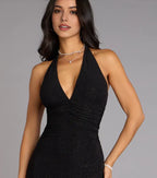 Elegant Black V Neck Glitter Halter Neck Sleeveless Cutout Back Mermaid Maxi Prom Dress