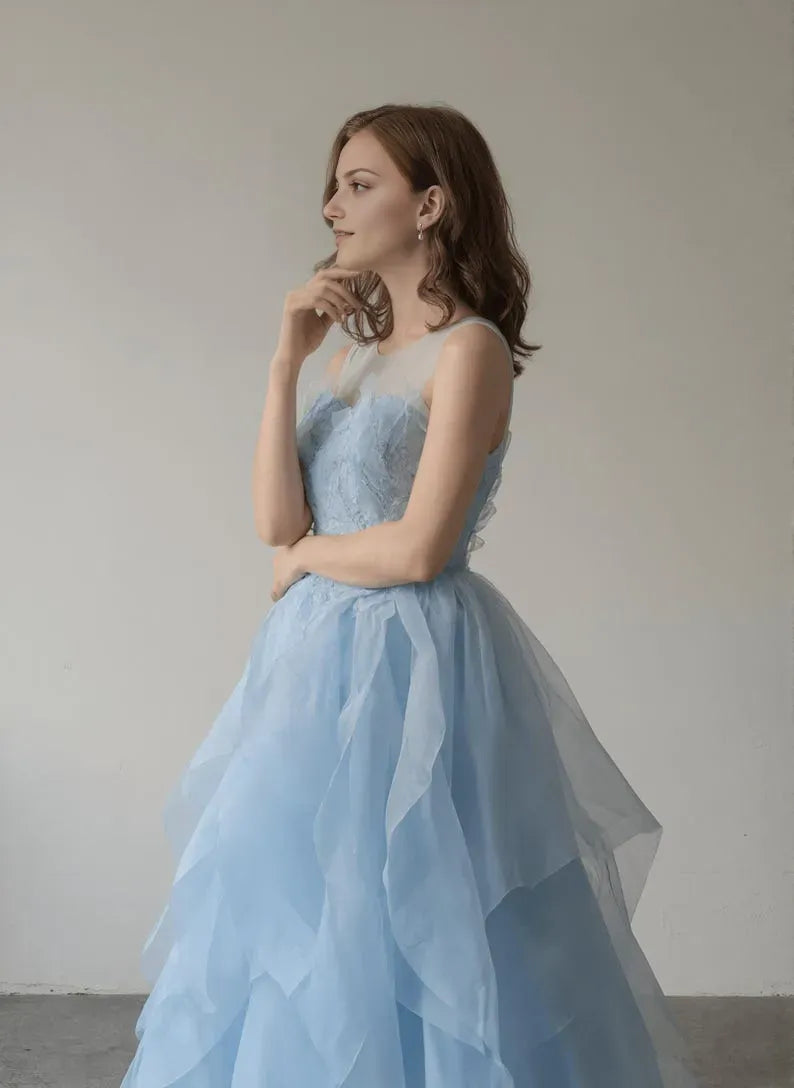 Elegant Light Blue A-Line Illusion Scoop Neck Sleeveless Back Zip Ruffled Tulle Floor-Length Prom Dress Hot sale