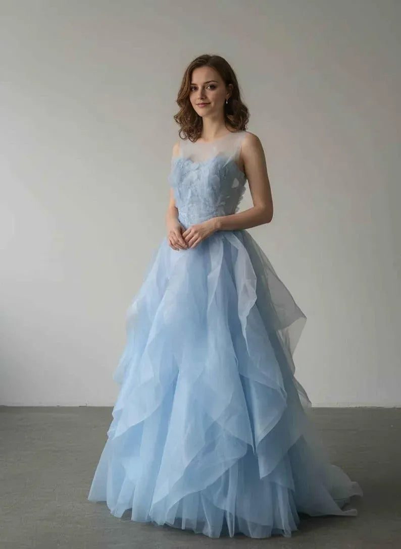 Elegant Light Blue A-Line Illusion Scoop Neck Sleeveless Back Zip Ruffled Tulle Floor-Length Prom Dress Hot sale