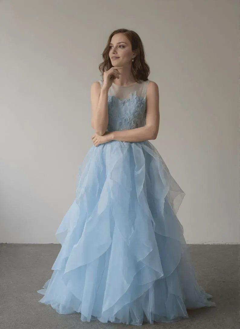 Elegant Light Blue A-Line Illusion Scoop Neck Sleeveless Back Zip Ruffled Tulle Floor-Length Prom Dress Hot sale