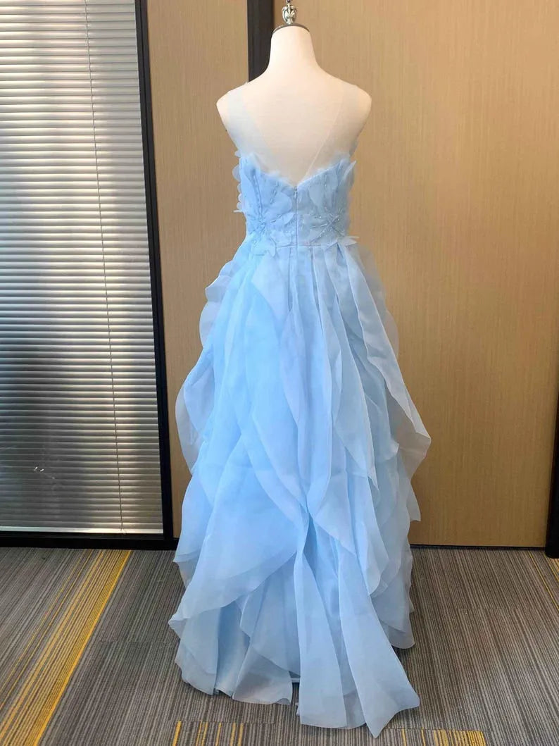 Elegant Light Blue A-Line Illusion Scoop Neck Sleeveless Back Zip Ruffled Tulle Floor-Length Prom Dress Hot sale