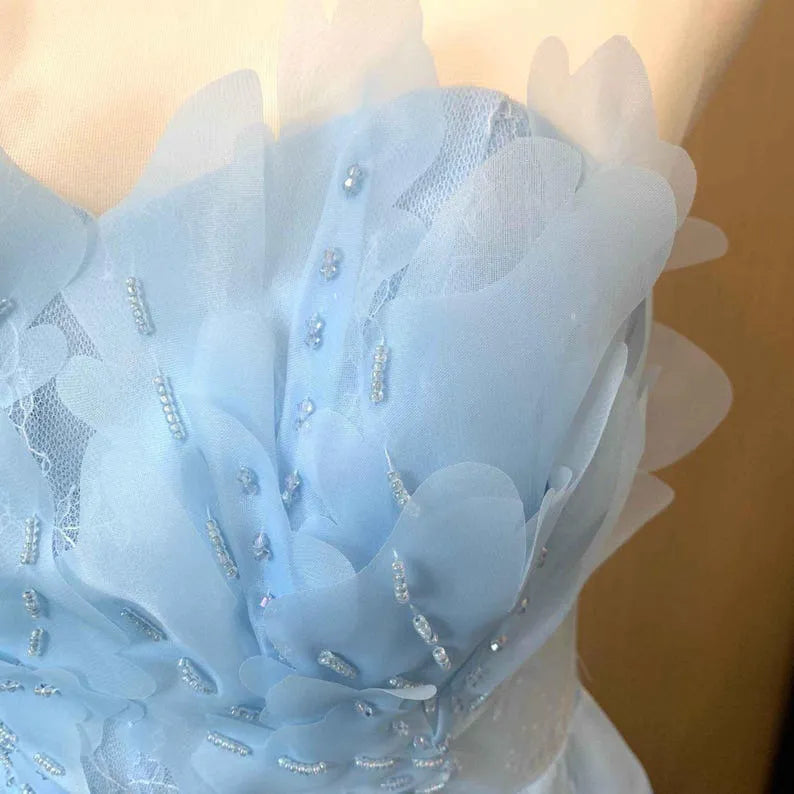 Elegant Light Blue A-Line Illusion Scoop Neck Sleeveless Back Zip Ruffled Tulle Floor-Length Prom Dress Hot sale