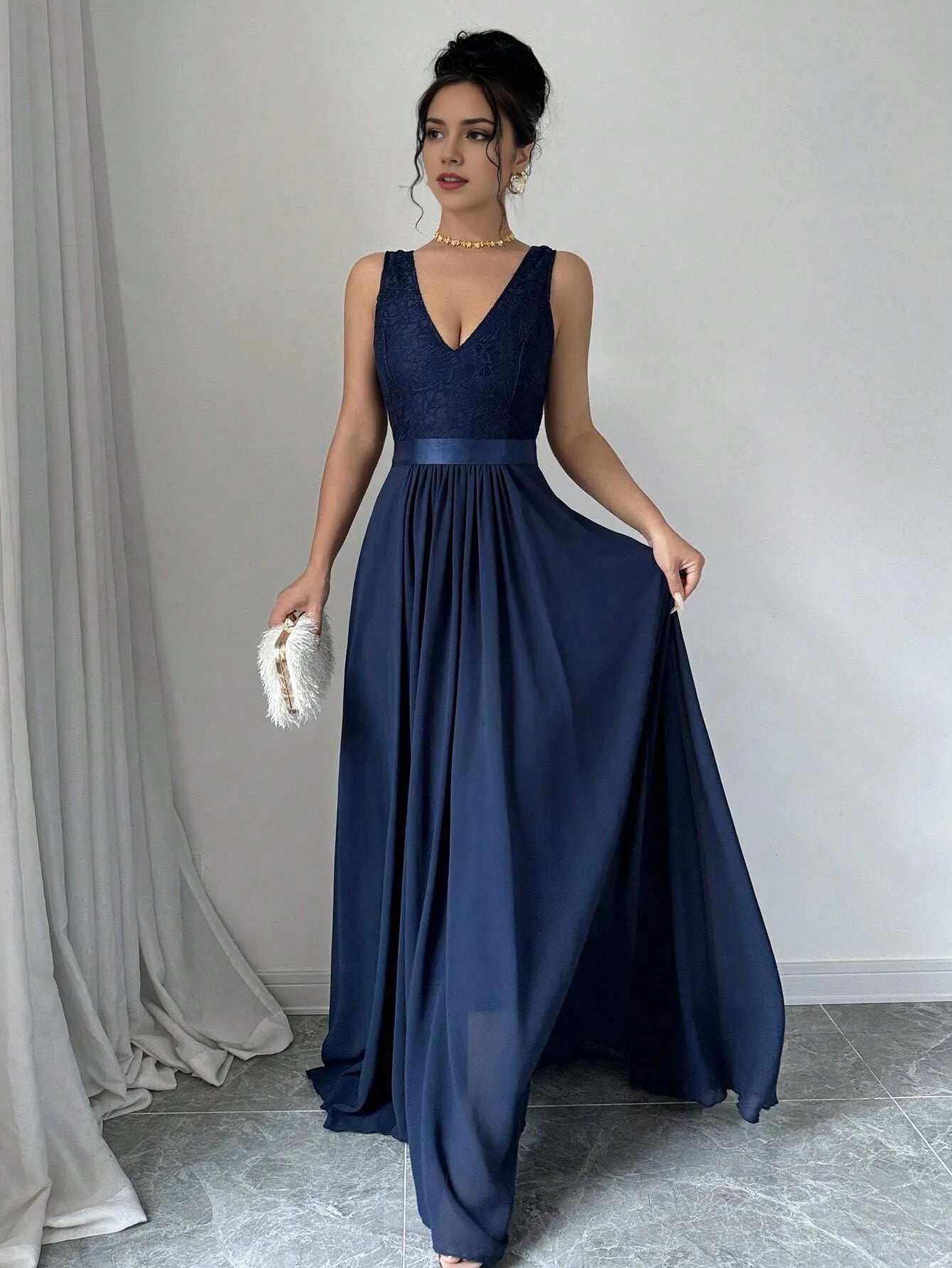 Elegant Blue A-Line V Neck Sleeveless Back Zip Lace Floor-Length Belt Satin Prom Dress