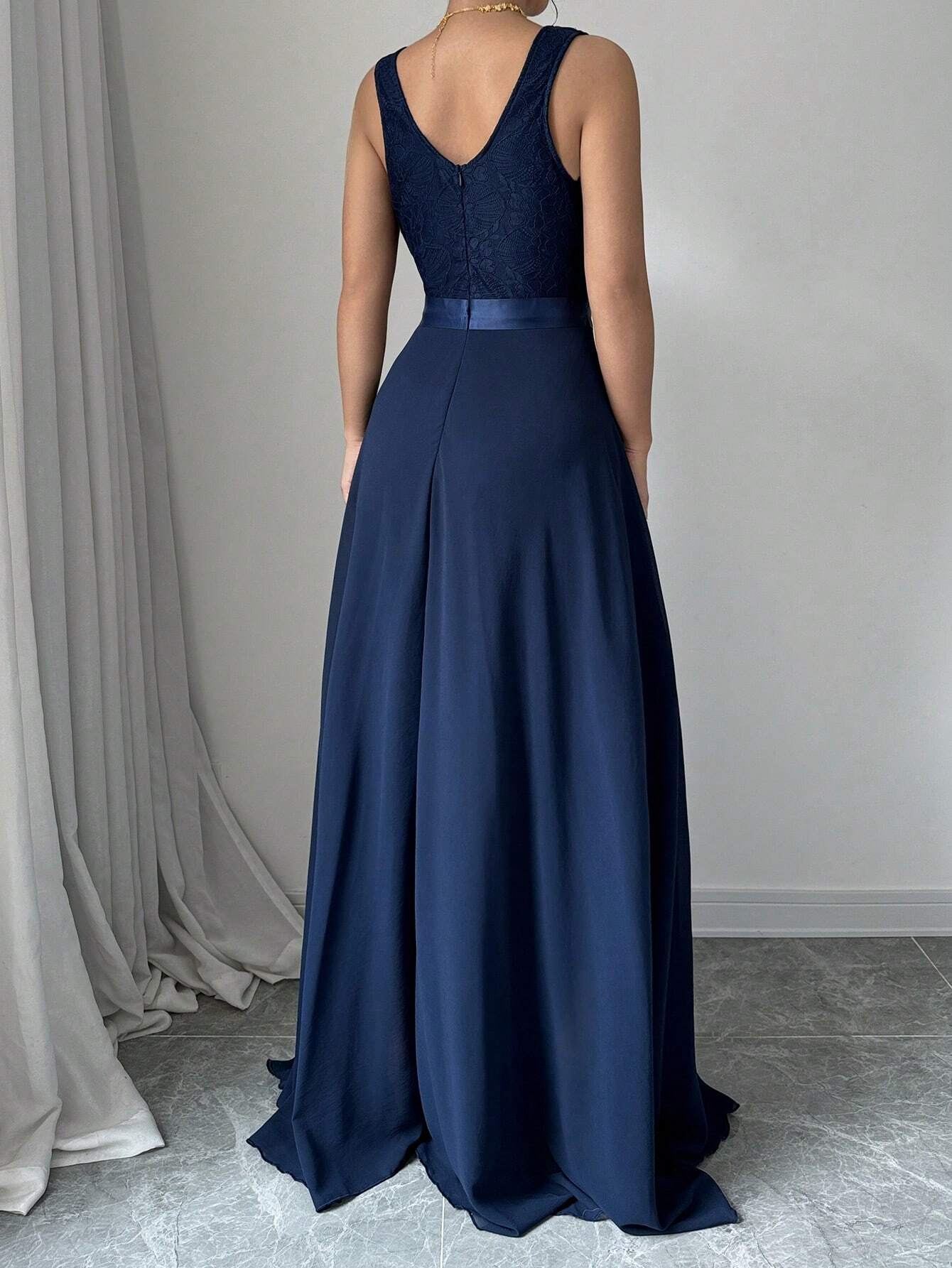 Elegant Blue A-Line V Neck Sleeveless Back Zip Lace Floor-Length Belt Satin Prom Dress
