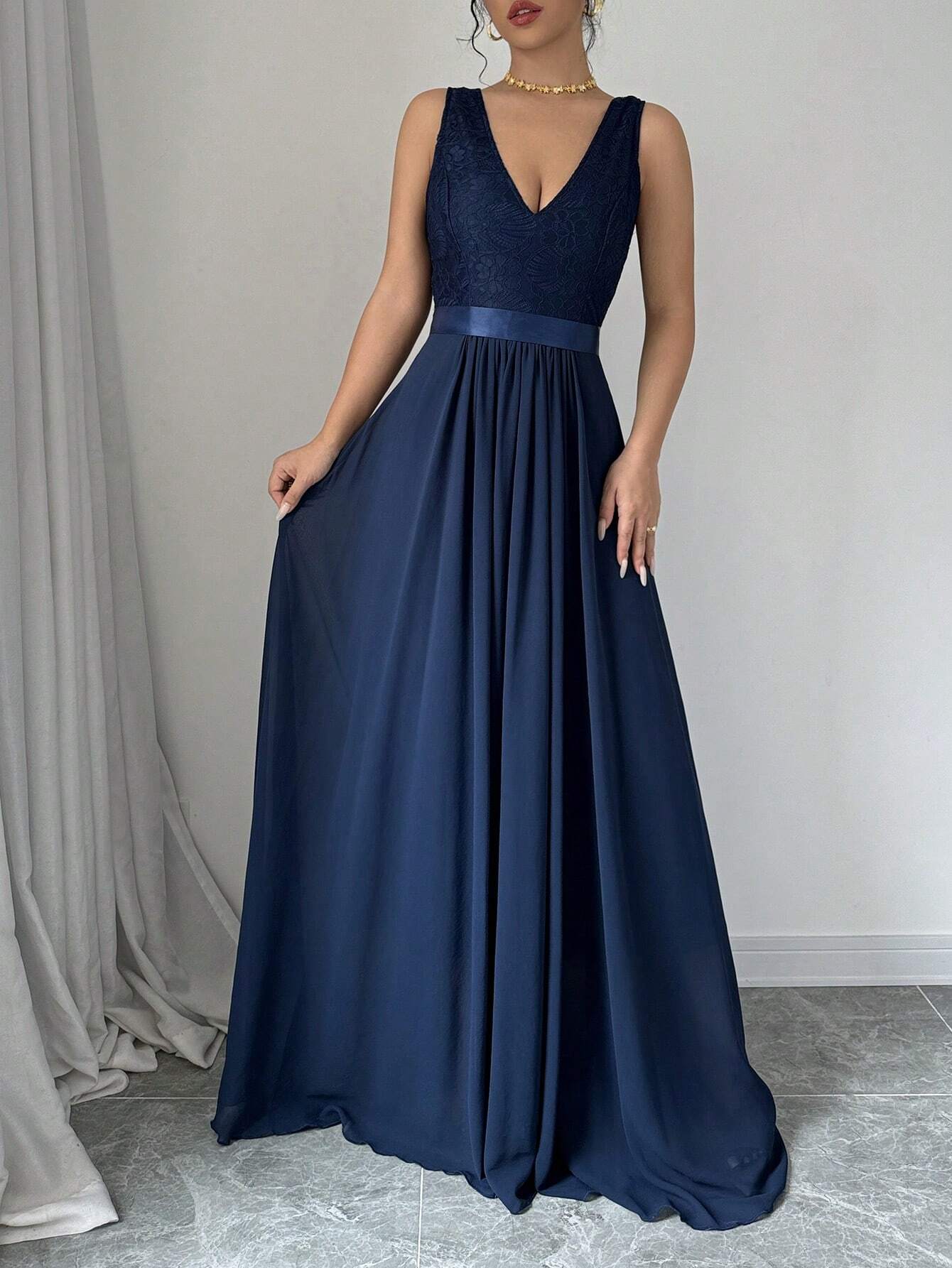 Elegant Blue A-Line V Neck Sleeveless Back Zip Lace Floor-Length Belt Satin Prom Dress