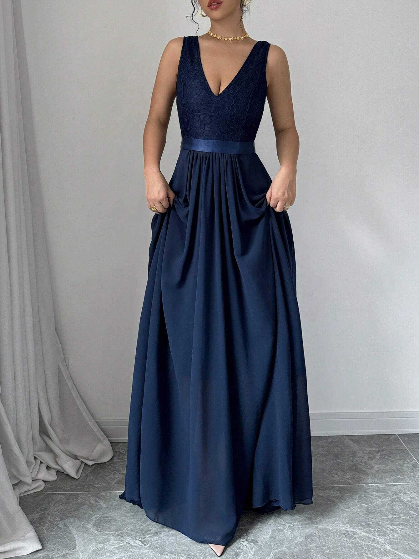 Elegant Blue A-Line V Neck Sleeveless Back Zip Lace Floor-Length Belt Satin Prom Dress
