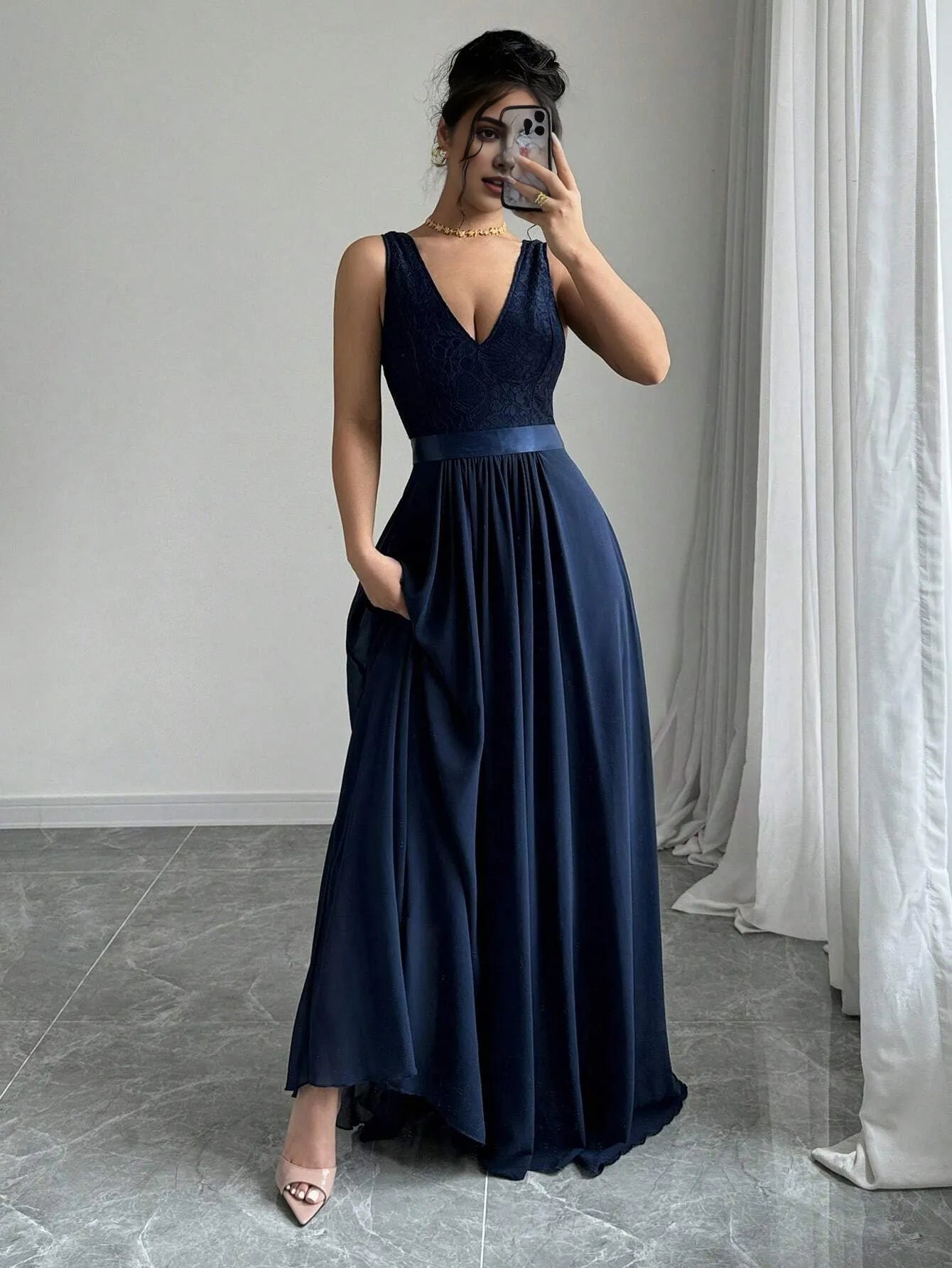 Elegant Blue A-Line V Neck Sleeveless Back Zip Lace Floor-Length Belt Satin Prom Dress