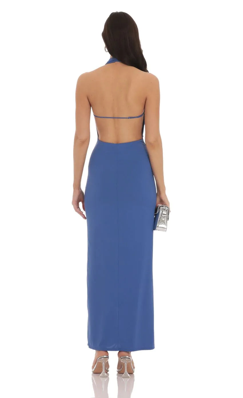 Elegant Blue Halter - Neck Prom Dress Plunging V Neck Bodycon Fit Shine at Prom Night