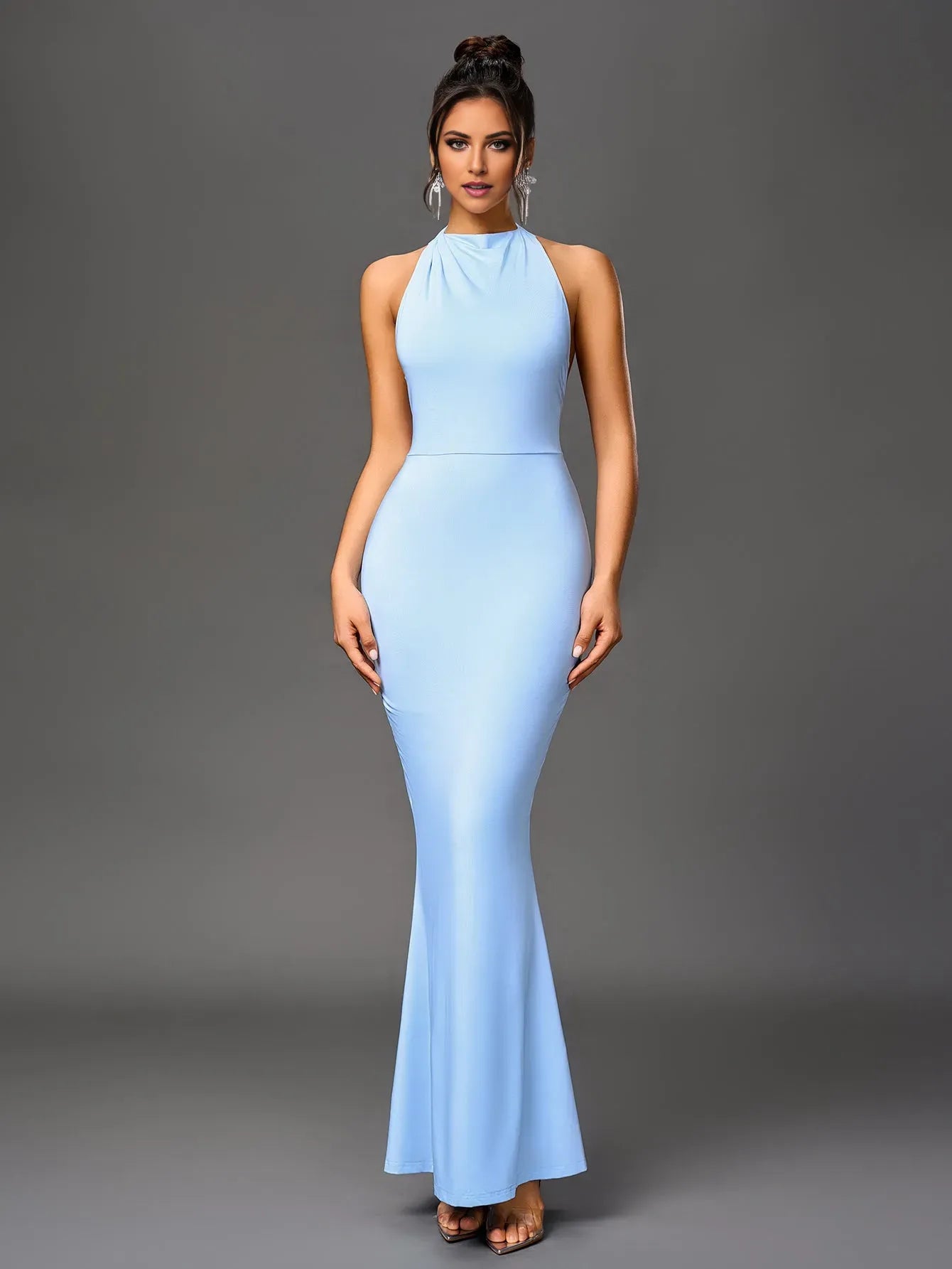Elegant Blue Mermaid Halter Neck Sleeveless Open Back Floor-Length Prom Dresses