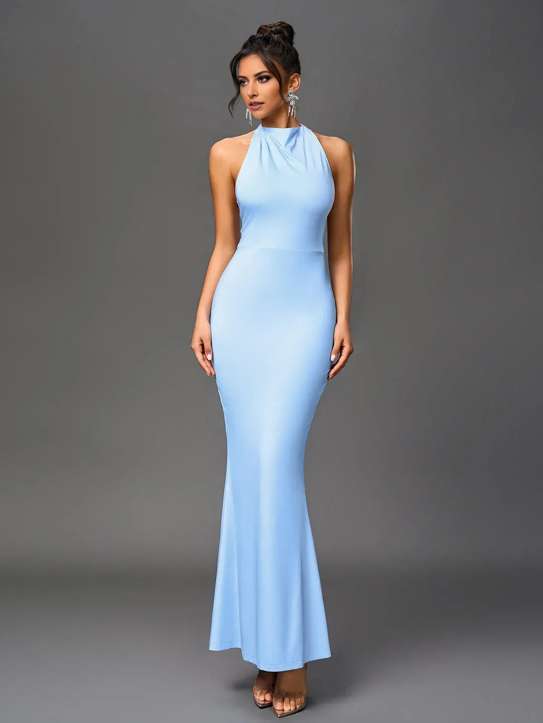 Elegant Blue Mermaid Halter Neck Sleeveless Open Back Floor-Length Prom Dresses