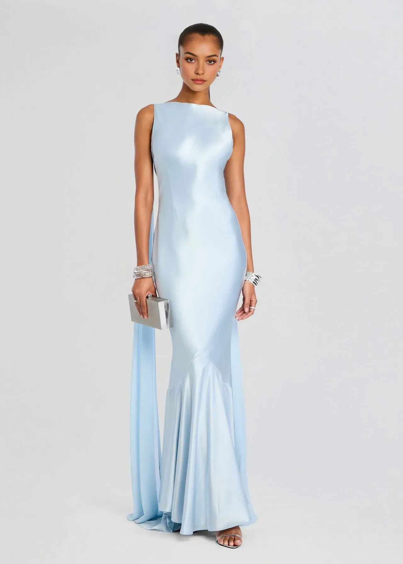 Elegant Blue Mermaid Strapless Sleeveless Draped Backless Floor-Length Prom Dresses Hot Sale