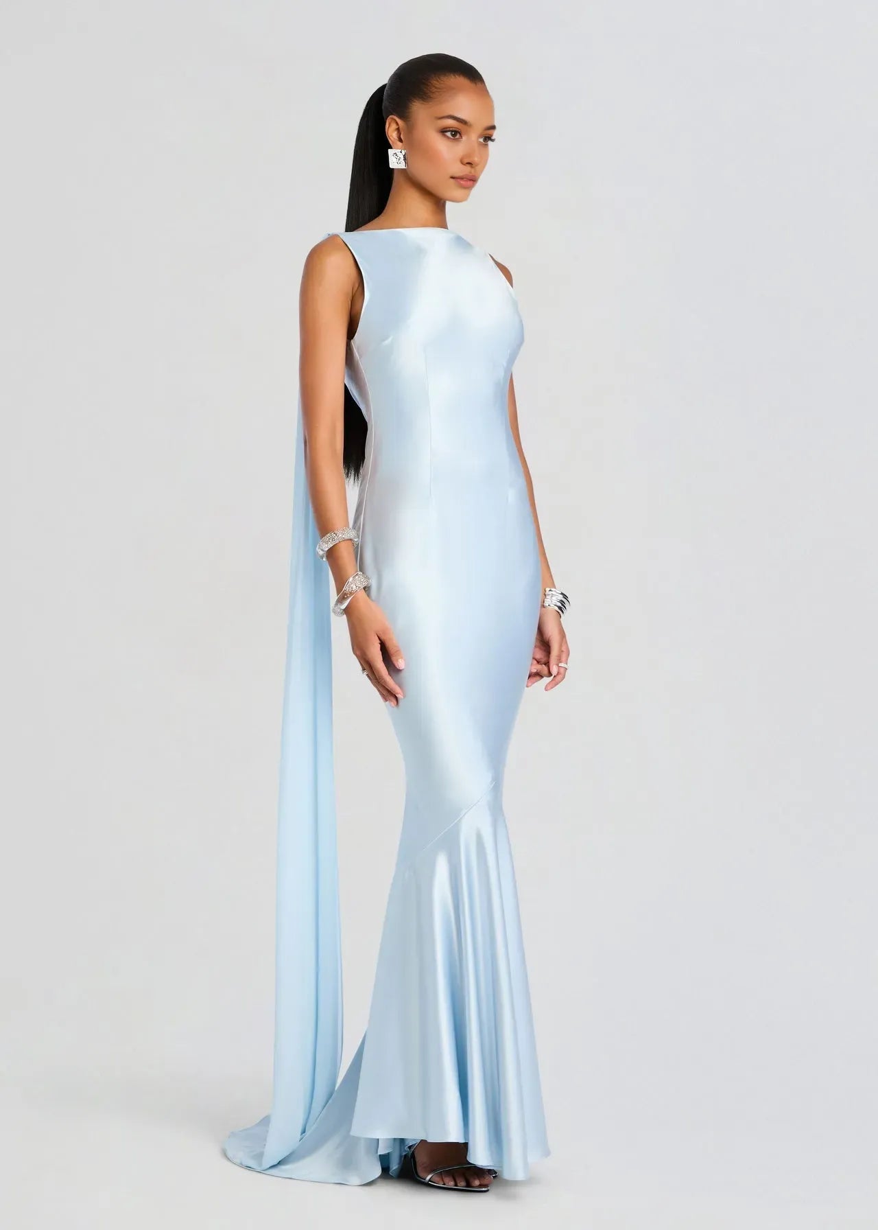 Elegant Blue Mermaid Strapless Sleeveless Draped Backless Floor-Length Prom Dresses Hot Sale