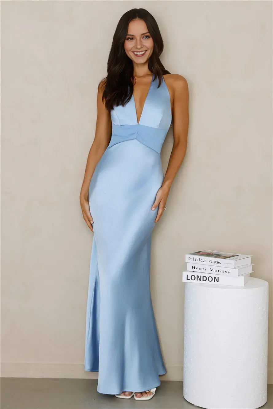 Elegant Blue Sheath Halter Neck Sleeveless Tie Back Ankle-Length Satin Prom Dresses Hot sale