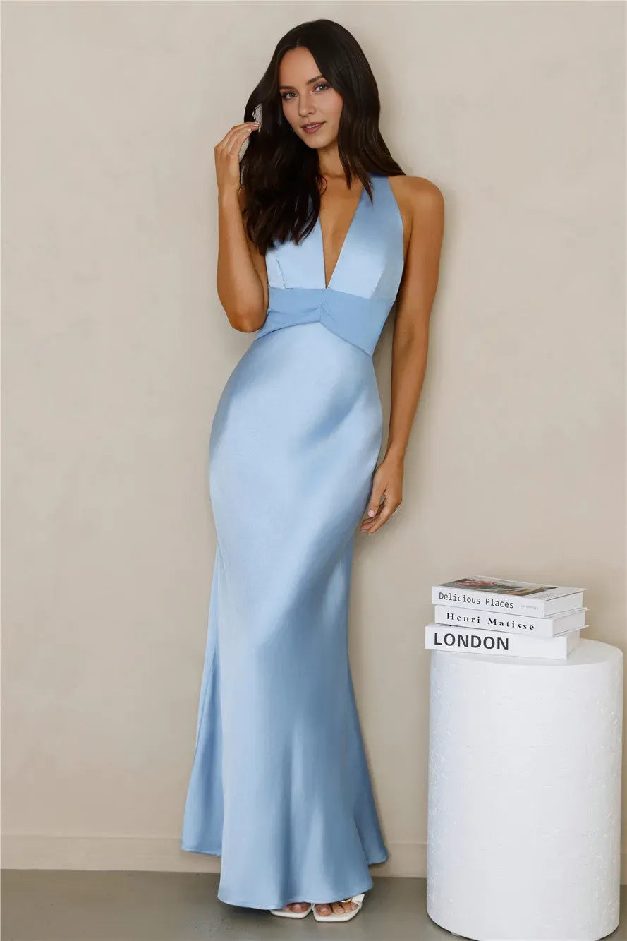 Elegant Blue Sheath Halter Neck Sleeveless Tie Back Ankle-Length Satin Prom Dresses Hot sale
