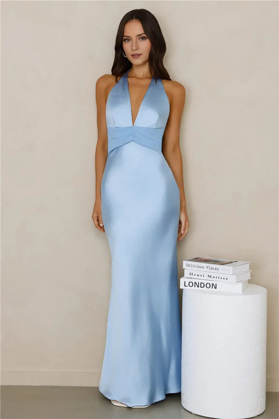 Elegant Blue Sheath Halter Neck Sleeveless Tie Back Ankle-Length Satin Prom Dresses Hot sale