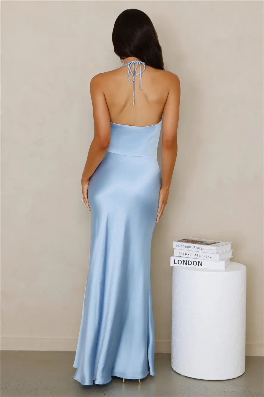 Elegant Blue Sheath Halter Neck Sleeveless Tie Back Ankle-Length Satin Prom Dresses Hot sale