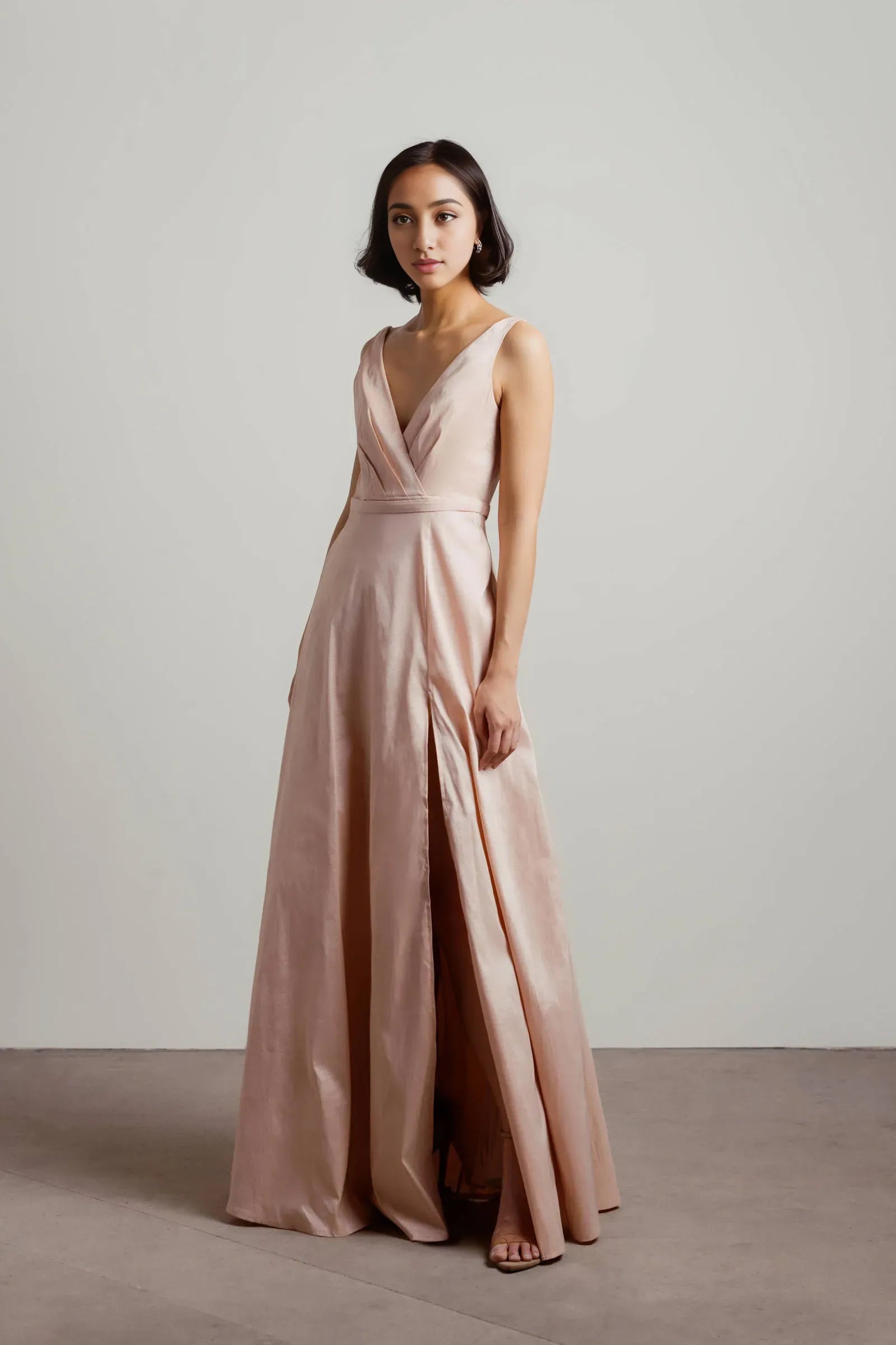 Elegant Blush A-Line Plunging V-Neck Sleeveless Pleated Back Zip  High-Sid Slit Floor-Length Prom Dresses