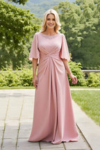 Elegant Blush A-Line Round Neck Ruched Back Zip Floor-Length Mother of the Bride Dress With Flutter Sleeves