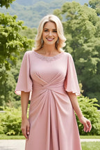 Elegant Blush A-Line Round Neck Ruched Back Zip Floor-Length Mother of the Bride Dress With Flutter Sleeves