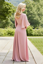 Elegant Blush A-Line Round Neck Ruched Back Zip Floor-Length Mother of the Bride Dress With Flutter Sleeves