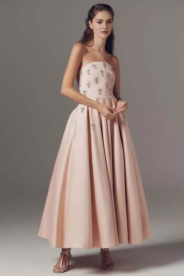 Elegant Blush Pink A-Line Strapless Neckline Sleeveless Back Zip Tea-Length Prom Dress with Beading