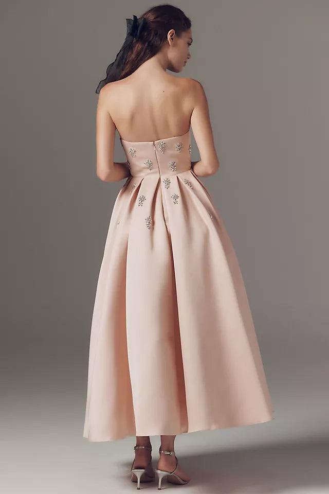 Elegant Blush Pink A-Line Strapless Neckline Sleeveless Back Zip Tea-Length Prom Dress with Beading