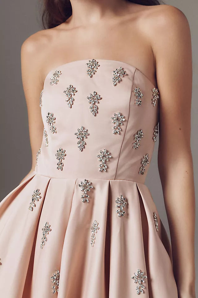 Elegant Blush Pink A-Line Strapless Neckline Sleeveless Back Zip Tea-Length Prom Dress with Beading