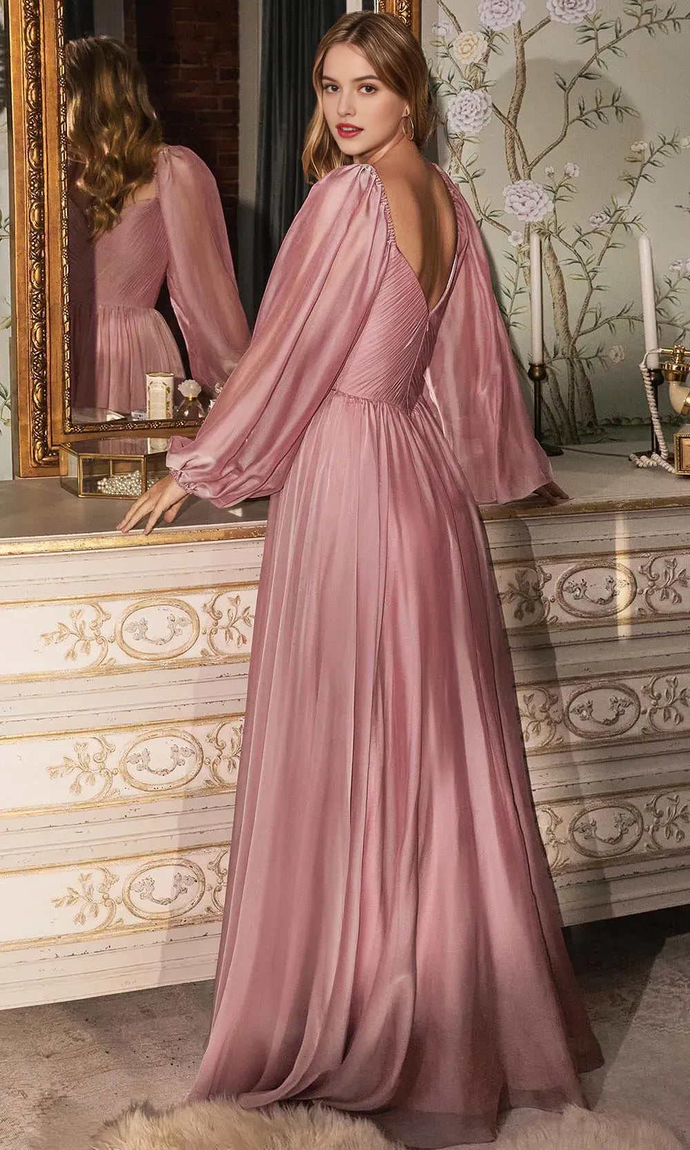 Elegant Blush Pink Chiffon Evening Dress with Puff Sleeve Sweetheart Neckline and Flowy Maxi Skirt