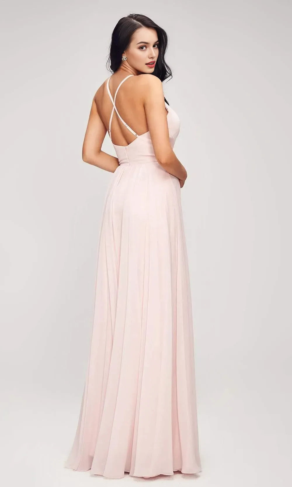 Elegant Blush Pink Chiffon Evening Gown with Spaghetti Straps Plunging V - Neck Ruched Bodice, and High Side Slit  Ideal for Proms Weddings and Formal Galas