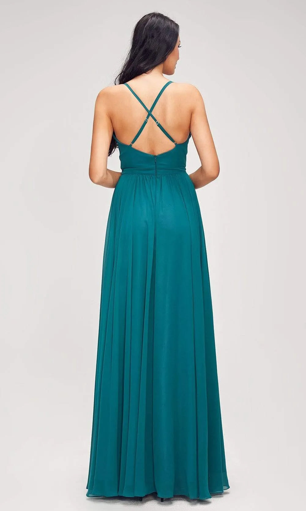 Elegant Blush Pink Chiffon Evening Gown with Spaghetti Straps Plunging V - Neck Ruched Bodice, and High Side Slit  Ideal for Proms Weddings and Formal Galas