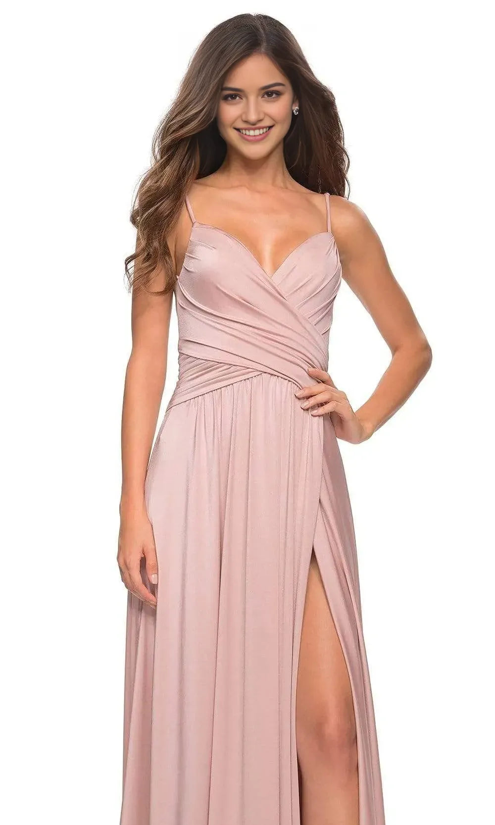 Elegant Blush Pink Chiffon Prom Dress with Cross Wrap Bodice for Graceful Evenings