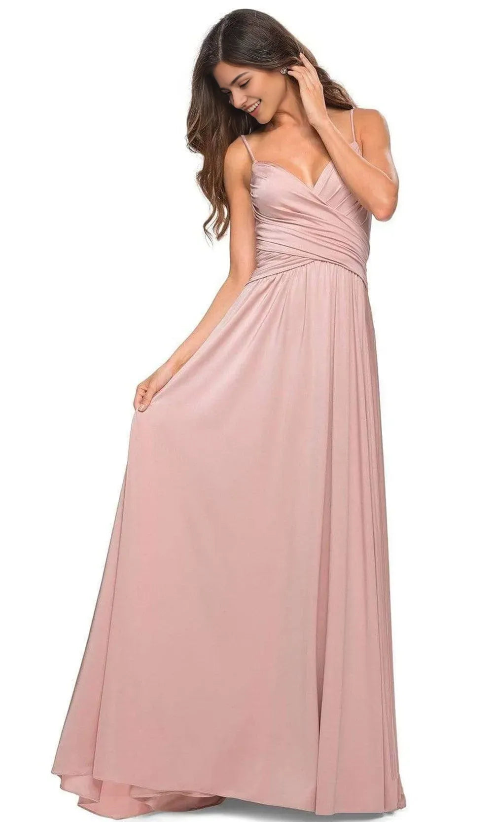 Elegant Blush Pink Chiffon Prom Dress with Cross Wrap Bodice for Graceful Evenings