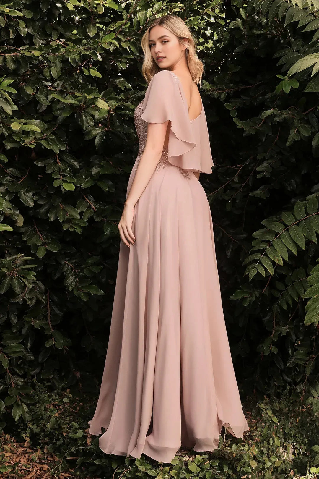 Elegant Blush Pink Chiffon Prom Dress with Embroidered Illusion Bodice and Flutter Sleeves for Formal Occasions