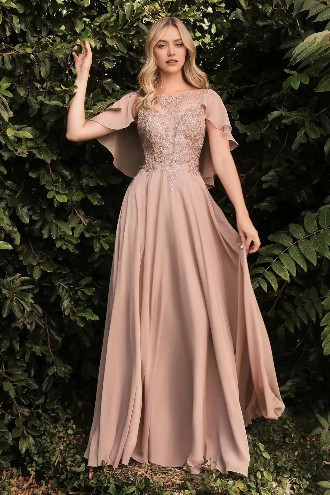 Elegant Blush Pink Chiffon Prom Dress with Embroidered Illusion Bodice and Flutter Sleeves for Formal Occasions