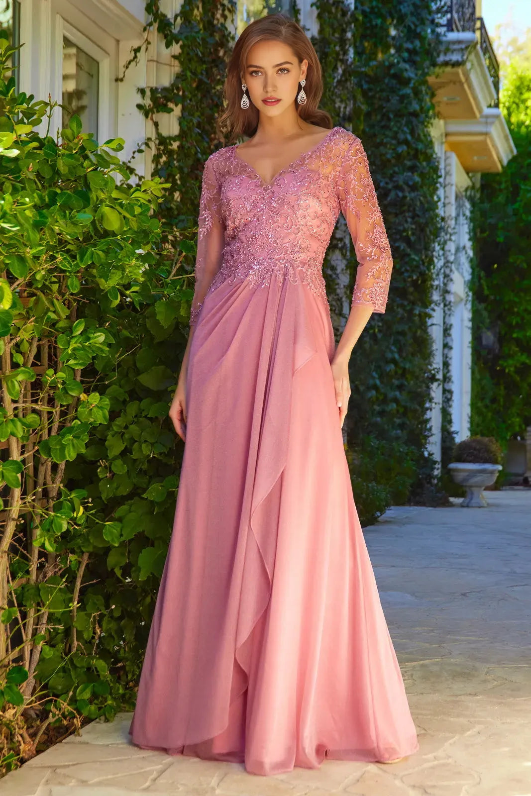 Elegant Blush Pink Chiffon Prom Dress with Embroidered Mesh Sleeves V Neckline and Layered Skirt Details for Formal Occasions