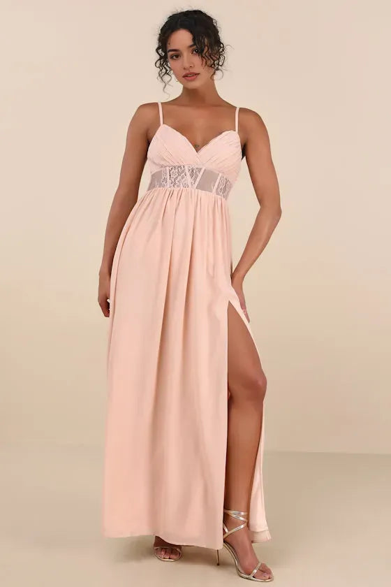 Elegant Blush Pink Chiffon Prom Dress with Spaghetti Straps Pleated Bodice Sheer Lace  Inset Waist and High Thigh Side Slit for Formal Occasions