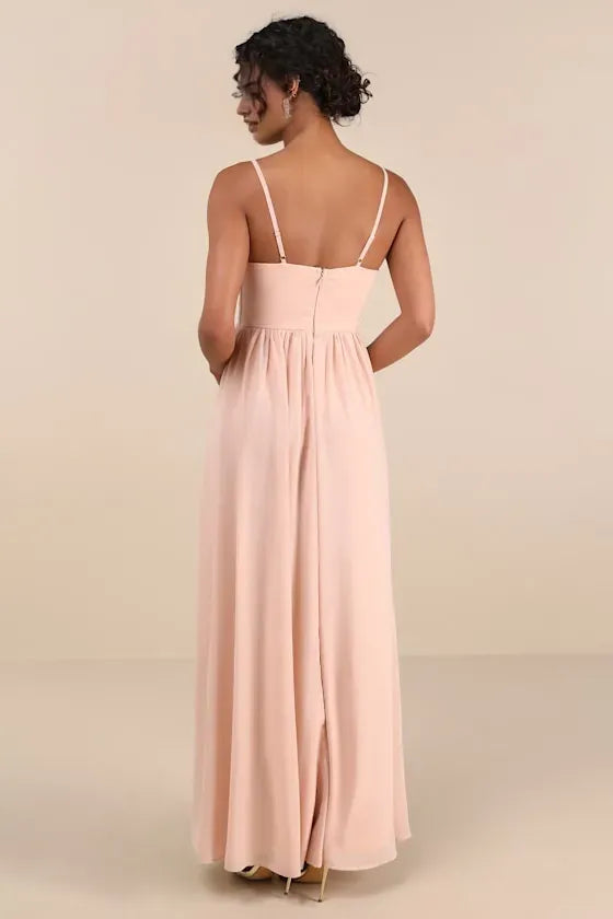 Elegant Blush Pink Chiffon Prom Dress with Spaghetti Straps Pleated Bodice Sheer Lace  Inset Waist and High Thigh Side Slit for Formal Occasions